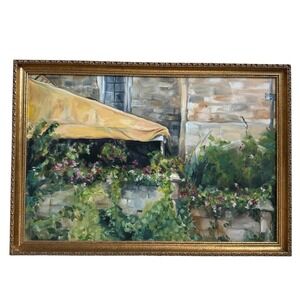 Vintage Tuscan Floral Courtyard Garden Oil Painting 32.5x23 Inch Framed Signed
